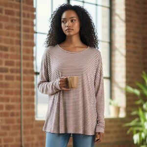 Egy Womens Large ? Ivory Red Striped Long Sleeve Elbow Patch Blouse Shirt Top